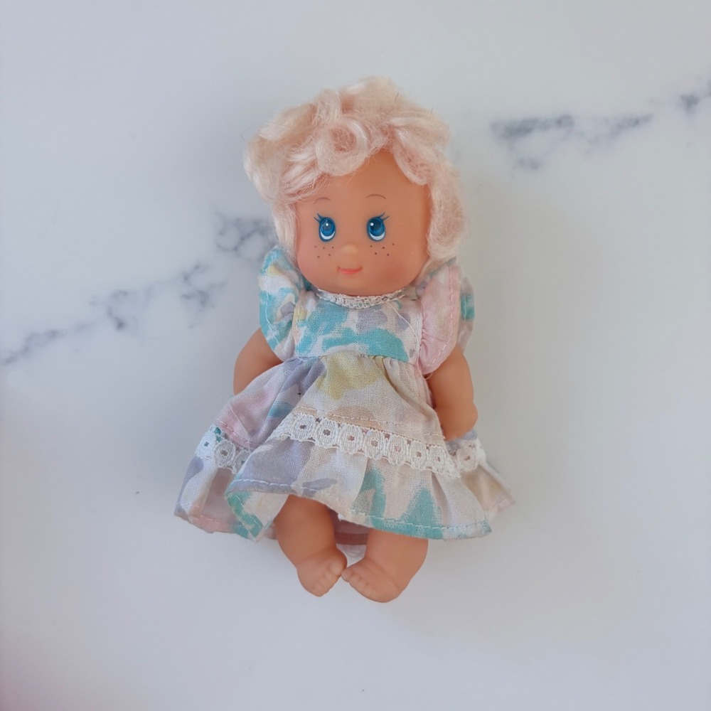 Vintage Miniature Baby Doll Pink Hair Blue Eyes Freckles Floral Lace Dress 4.5in